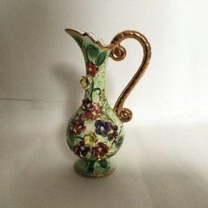 Japanese porcelain water pitcher green with 3D applied flowers gold gilded 8.5"